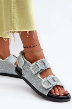 Hot Jeansowe Zdobione Sandały Damskie Niebieskie Irmale Damskie Sandały Płaskie