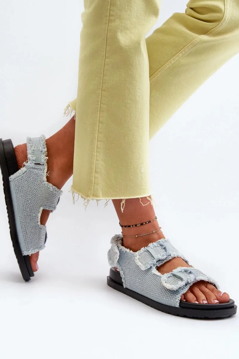 Hot Jeansowe Zdobione Sandały Damskie Niebieskie Irmale Damskie Sandały Płaskie