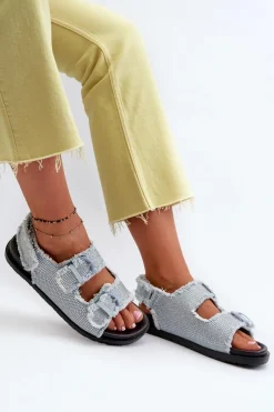 Hot Jeansowe Zdobione Sandały Damskie Niebieskie Irmale Damskie Sandały Płaskie