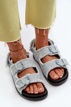 Hot Jeansowe Zdobione Sandały Damskie Niebieskie Irmale Damskie Sandały Płaskie