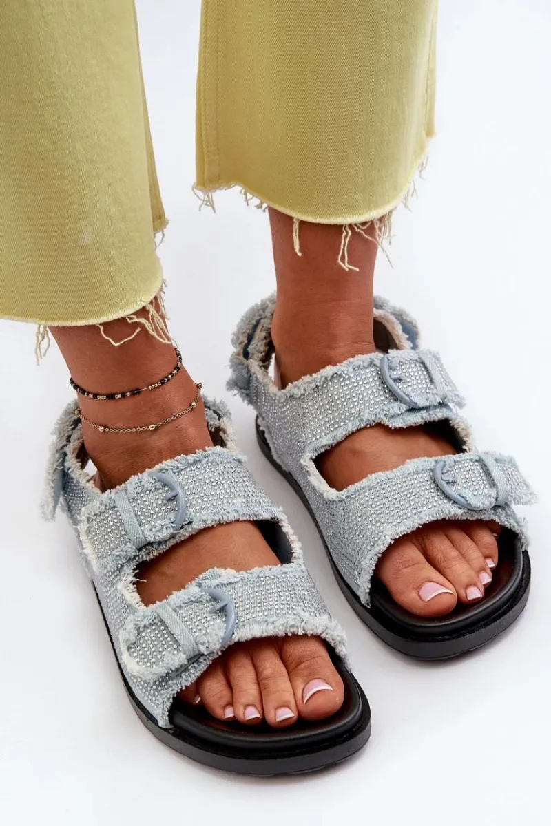 Hot Jeansowe Zdobione Sandały Damskie Niebieskie Irmale Damskie Sandały Płaskie