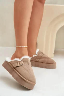 Outlet Boto Kapcie Damskie Na Grubej Podeszwie Z Futerkiem I Klamrą Ciemnobeżowe Linneola Beżowy