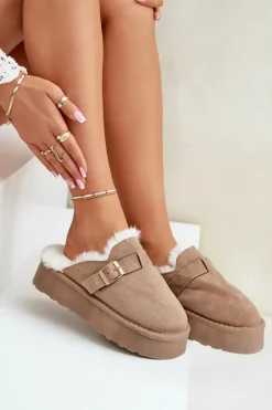 Outlet Boto Kapcie Damskie Na Grubej Podeszwie Z Futerkiem I Klamrą Ciemnobeżowe Linneola Beżowy