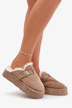 Outlet Boto Kapcie Damskie Na Grubej Podeszwie Z Futerkiem I Klamrą Ciemnobeżowe Linneola Beżowy