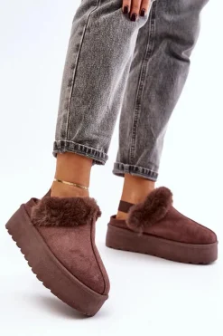 Online Boto Kapcie Damskie Na Platformie Z Futerkiem Brązowe Linaris