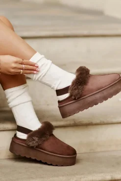 Online Boto Kapcie Damskie Na Platformie Z Futerkiem Brązowe Linaris