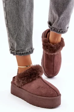 Online Boto Kapcie Damskie Na Platformie Z Futerkiem Brązowe Linaris