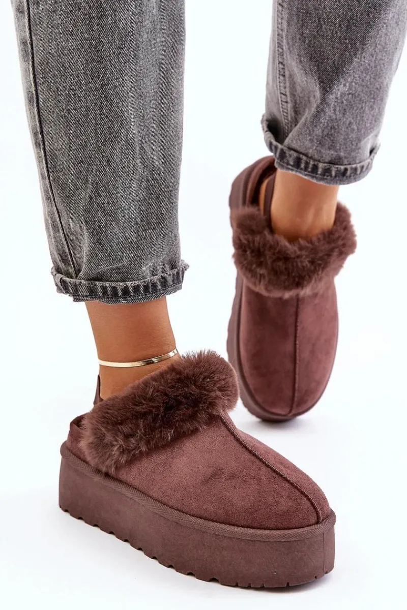 Online Boto Kapcie Damskie Na Platformie Z Futerkiem Brązowe Linaris