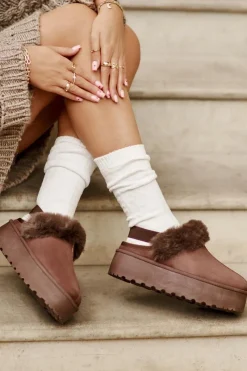 Online Boto Kapcie Damskie Na Platformie Z Futerkiem Brązowe Linaris