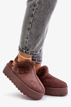 Online Boto Kapcie Damskie Na Platformie Z Futerkiem Brązowe Linaris