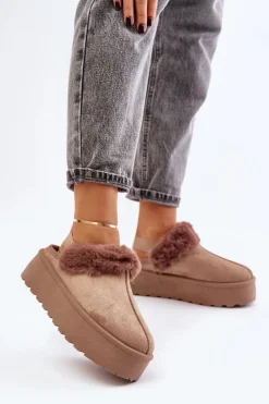Śniegowce Damskie|Kapcie Klasyczne>Boto Kapcie Damskie Na Platformie Z Futerkiem Ciemnobeżowe Linaris