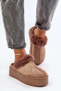 Śniegowce Damskie|Kapcie Klasyczne>Boto Kapcie Damskie Na Platformie Z Futerkiem Ciemnobeżowe Linaris