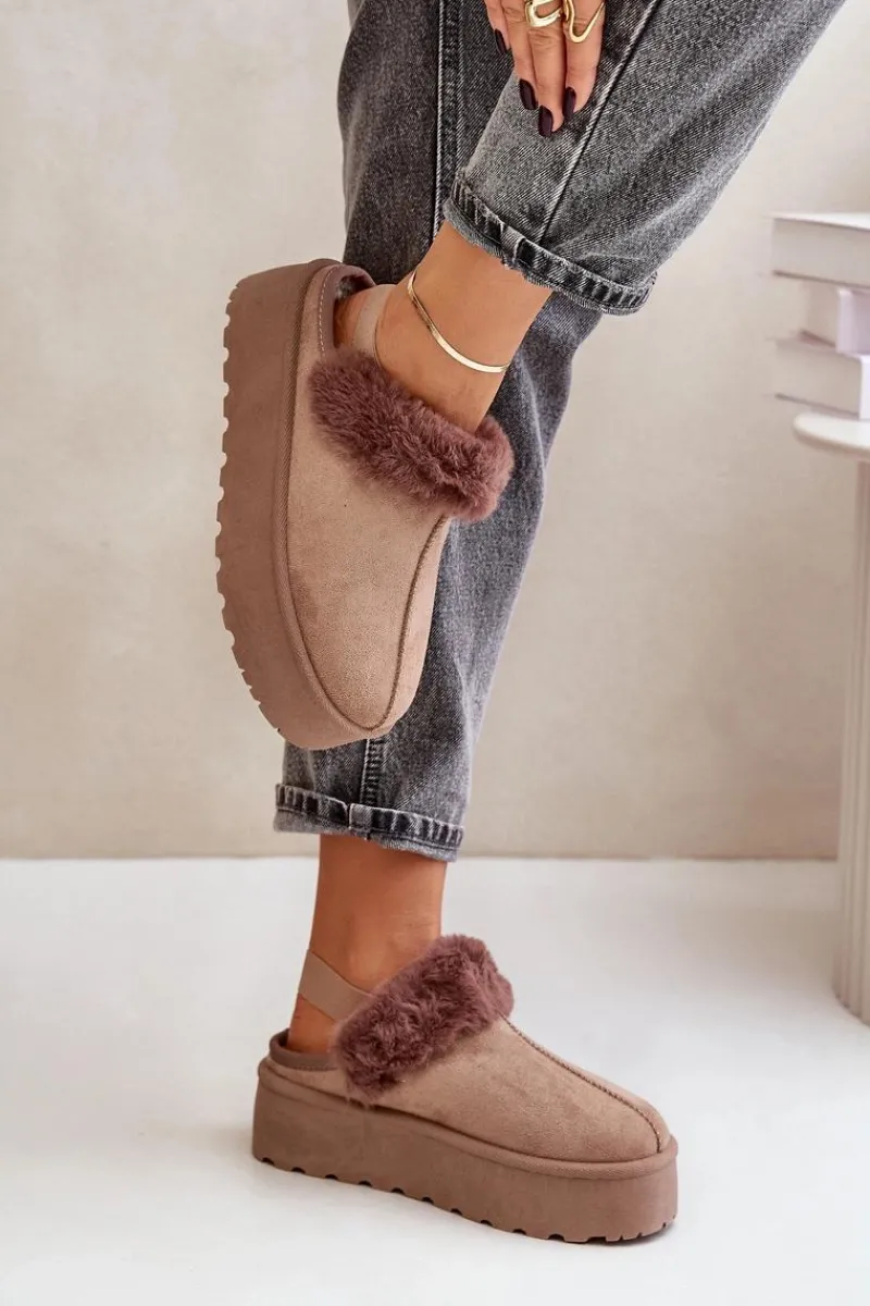 Śniegowce Damskie|Kapcie Klasyczne>Boto Kapcie Damskie Na Platformie Z Futerkiem Ciemnobeżowe Linaris