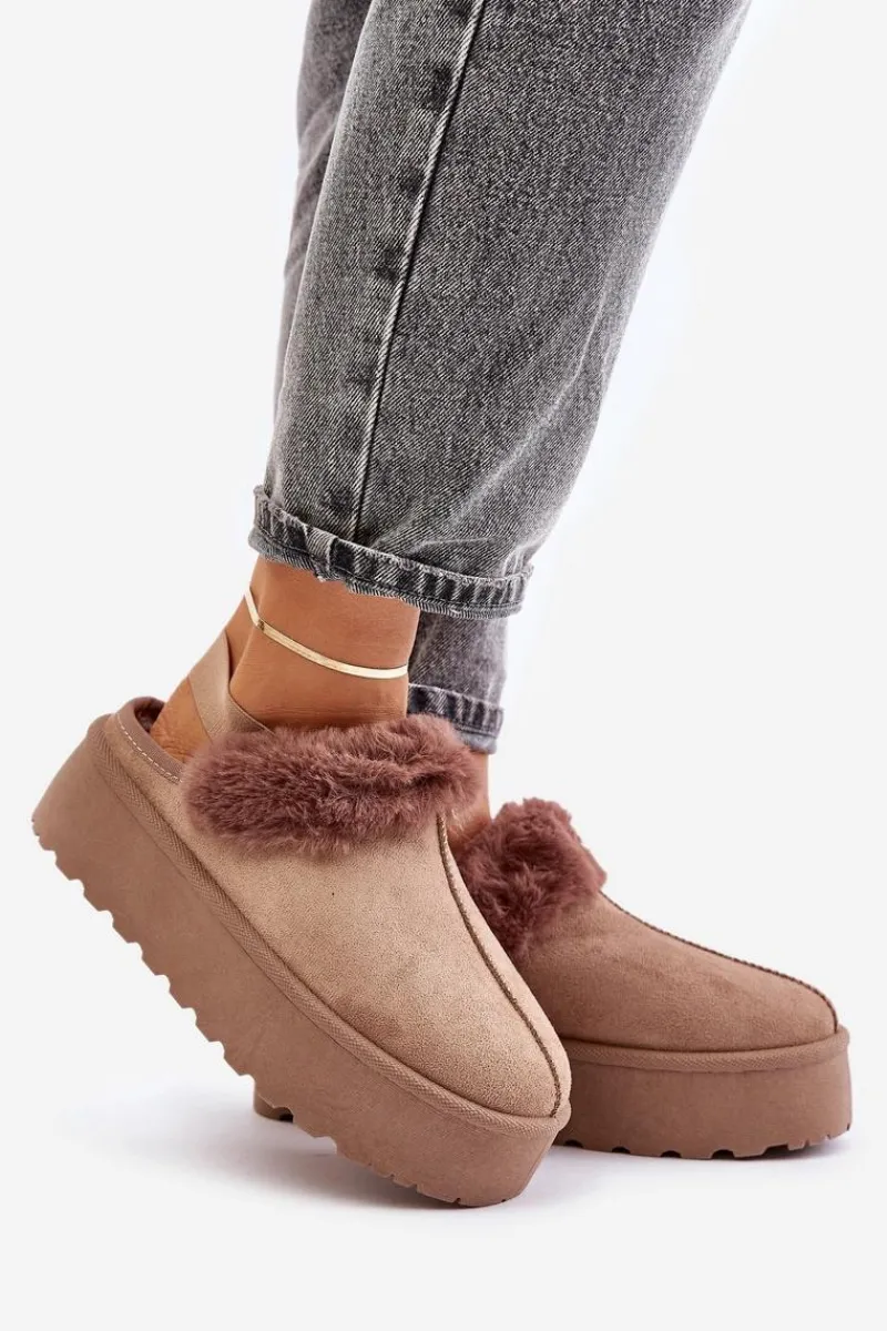 Śniegowce Damskie|Kapcie Klasyczne>Boto Kapcie Damskie Na Platformie Z Futerkiem Ciemnobeżowe Linaris