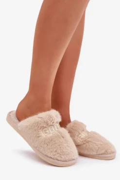 Clearance Kapcie Damskie Z Futerkiem I Napisem Beżowe Kalelia Damskie Kapcie Klasyczne|Klapki Z Futerkiem