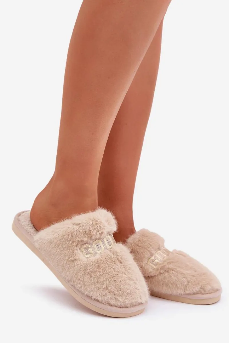 Clearance Kapcie Damskie Z Futerkiem I Napisem Beżowe Kalelia Damskie Kapcie Klasyczne|Klapki Z Futerkiem