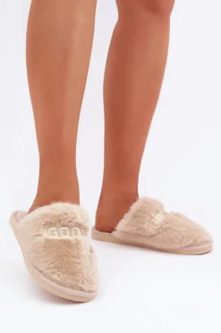 Clearance Kapcie Damskie Z Futerkiem I Napisem Beżowe Kalelia Damskie Kapcie Klasyczne|Klapki Z Futerkiem