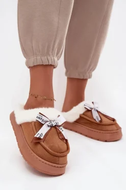 New Boto Kapcie Damskie Z Futerkiem I Kokardką Brązowe Fenella Brązowy