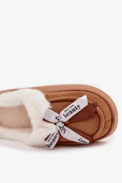 New Boto Kapcie Damskie Z Futerkiem I Kokardką Brązowe Fenella Brązowy