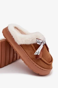 New Boto Kapcie Damskie Z Futerkiem I Kokardką Brązowe Fenella Brązowy