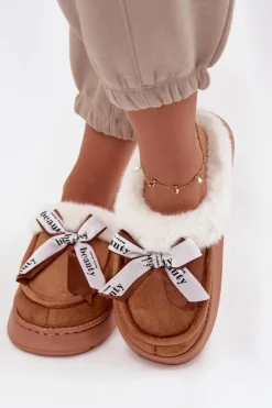 New Boto Kapcie Damskie Z Futerkiem I Kokardką Brązowe Fenella Brązowy