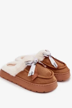 New Boto Kapcie Damskie Z Futerkiem I Kokardką Brązowe Fenella Brązowy