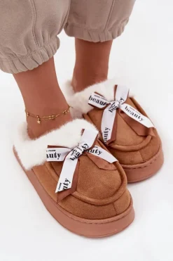 New Boto Kapcie Damskie Z Futerkiem I Kokardką Brązowe Fenella Brązowy