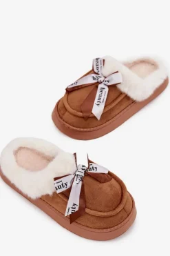 New Boto Kapcie Damskie Z Futerkiem I Kokardką Brązowe Fenella Brązowy