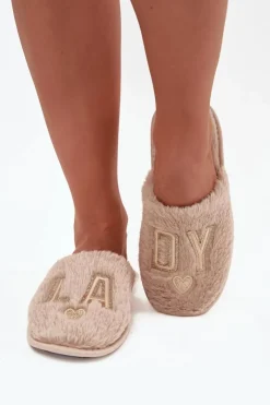 Kapcie Damskie Z Futerkiem LADY Vinceza 19958 Beżowe Damskie Kapcie Klasyczne|Klapki Z Futerkiem