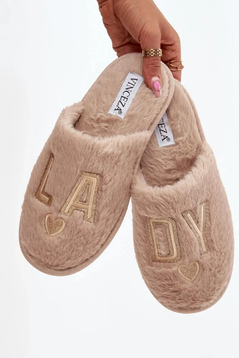 Kapcie Damskie Z Futerkiem LADY Vinceza 19958 Beżowe Damskie Kapcie Klasyczne|Klapki Z Futerkiem