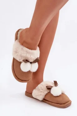 New Boto Kapcie Damskie Z Futerkiem Camel Nartani Brązowy