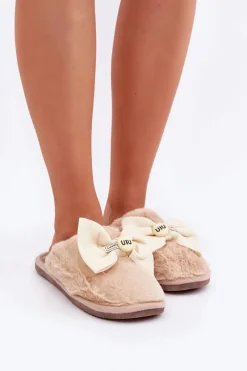 Online Kapcie Damskie Z Futerkiem I Kokardą Beżowe Olfedi Damskie Kapcie Klasyczne