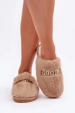 New Boto Kapcie Damskie Z Futerkiem I Napisem Brązowe Kalelia Brązowy