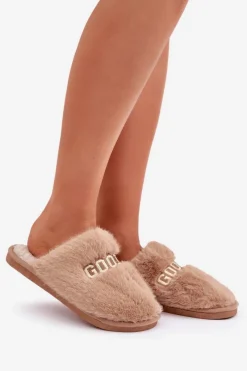 New Boto Kapcie Damskie Z Futerkiem I Napisem Brązowe Kalelia Brązowy
