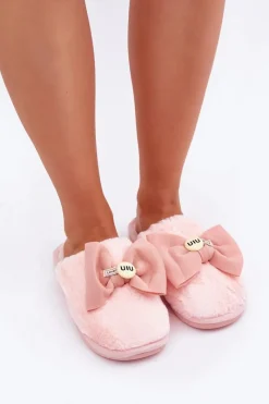 Outlet Boto Kapcie Damskie Z Futerkiem I Kokardą Różowe Olfedi Różowy
