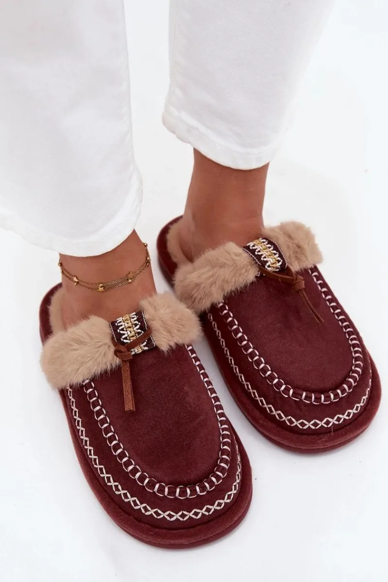 New Kapcie Damskie Z Futerkiem I Haftem Bordowe Perivelle Damskie Kapcie Klasyczne|Klapki Z Futerkiem