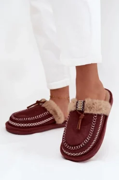 New Kapcie Damskie Z Futerkiem I Haftem Bordowe Perivelle Damskie Kapcie Klasyczne|Klapki Z Futerkiem