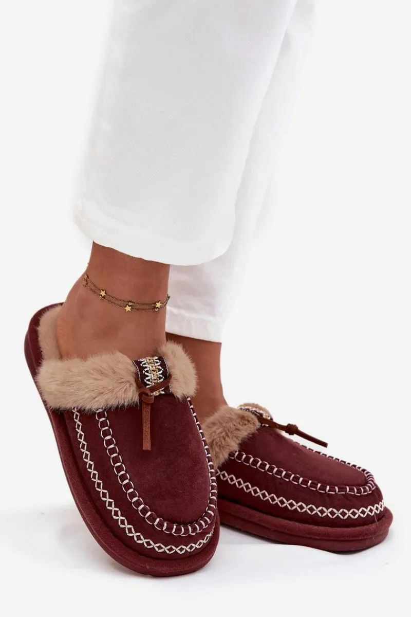 New Kapcie Damskie Z Futerkiem I Haftem Bordowe Perivelle Damskie Kapcie Klasyczne|Klapki Z Futerkiem