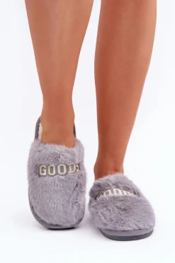 Kapcie Klasyczne|Klapki Z Futerkiem>Boto Kapcie Damskie Z Futerkiem I Napisem Szare Kalelia Szary