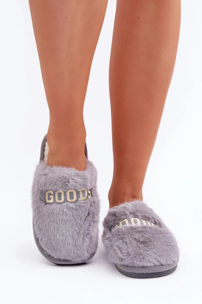 Kapcie Klasyczne|Klapki Z Futerkiem>Boto Kapcie Damskie Z Futerkiem I Napisem Szare Kalelia Szary