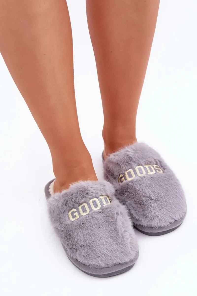 Kapcie Klasyczne|Klapki Z Futerkiem>Boto Kapcie Damskie Z Futerkiem I Napisem Szare Kalelia Szary