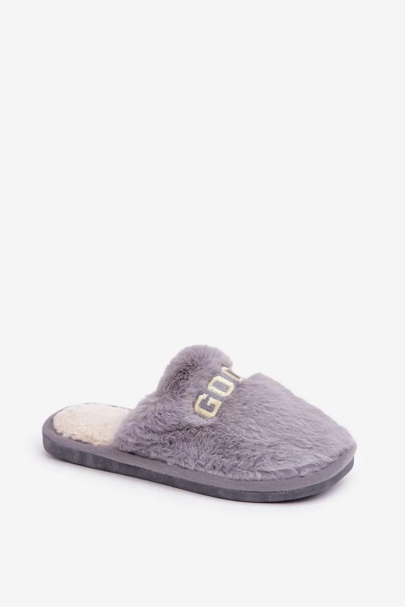 Kapcie Klasyczne|Klapki Z Futerkiem>Boto Kapcie Damskie Z Futerkiem I Napisem Szare Kalelia Szary