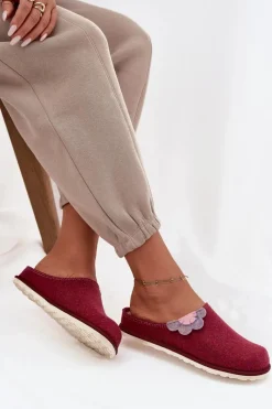 Hot Kapcie Damskie Z Kwiatkiem CS000043 Bordowe Damskie Kapcie Klasyczne|Klapki Damskie Klasyczne