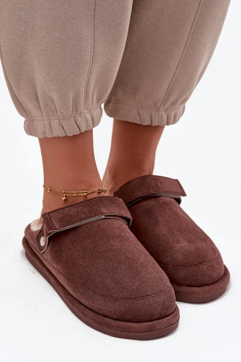 Best Boto Kapcie Damskie Z Paskiem Ocieplane Futerkiem Czekoladowe Rilena Brązowy