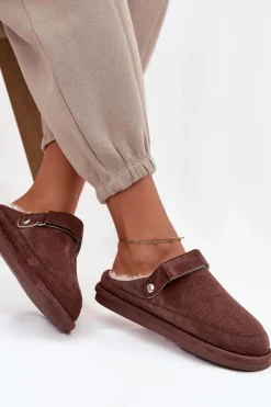 Best Boto Kapcie Damskie Z Paskiem Ocieplane Futerkiem Czekoladowe Rilena Brązowy