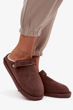 Best Boto Kapcie Damskie Z Paskiem Ocieplane Futerkiem Czekoladowe Rilena Brązowy