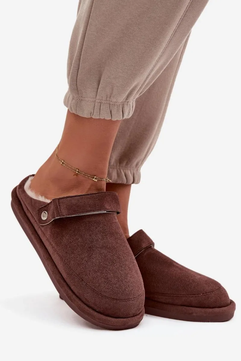 Best Boto Kapcie Damskie Z Paskiem Ocieplane Futerkiem Czekoladowe Rilena Brązowy