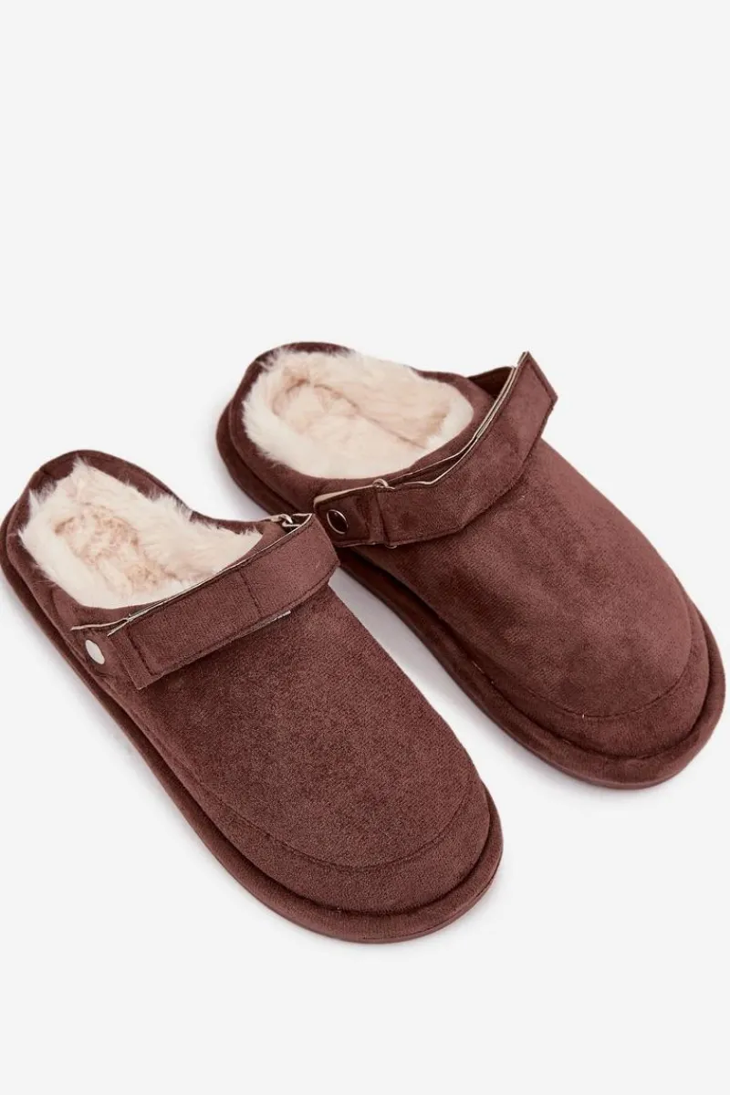 Best Boto Kapcie Damskie Z Paskiem Ocieplane Futerkiem Czekoladowe Rilena Brązowy