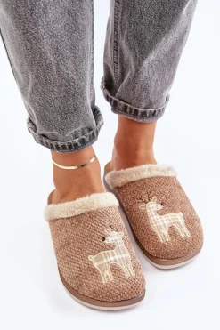 Hot INBLU Kapcie Damskie Z Reniferem I Futerkiem CT000034 Beżowe Beżowy