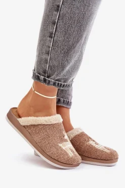 Hot INBLU Kapcie Damskie Z Reniferem I Futerkiem CT000034 Beżowe Beżowy